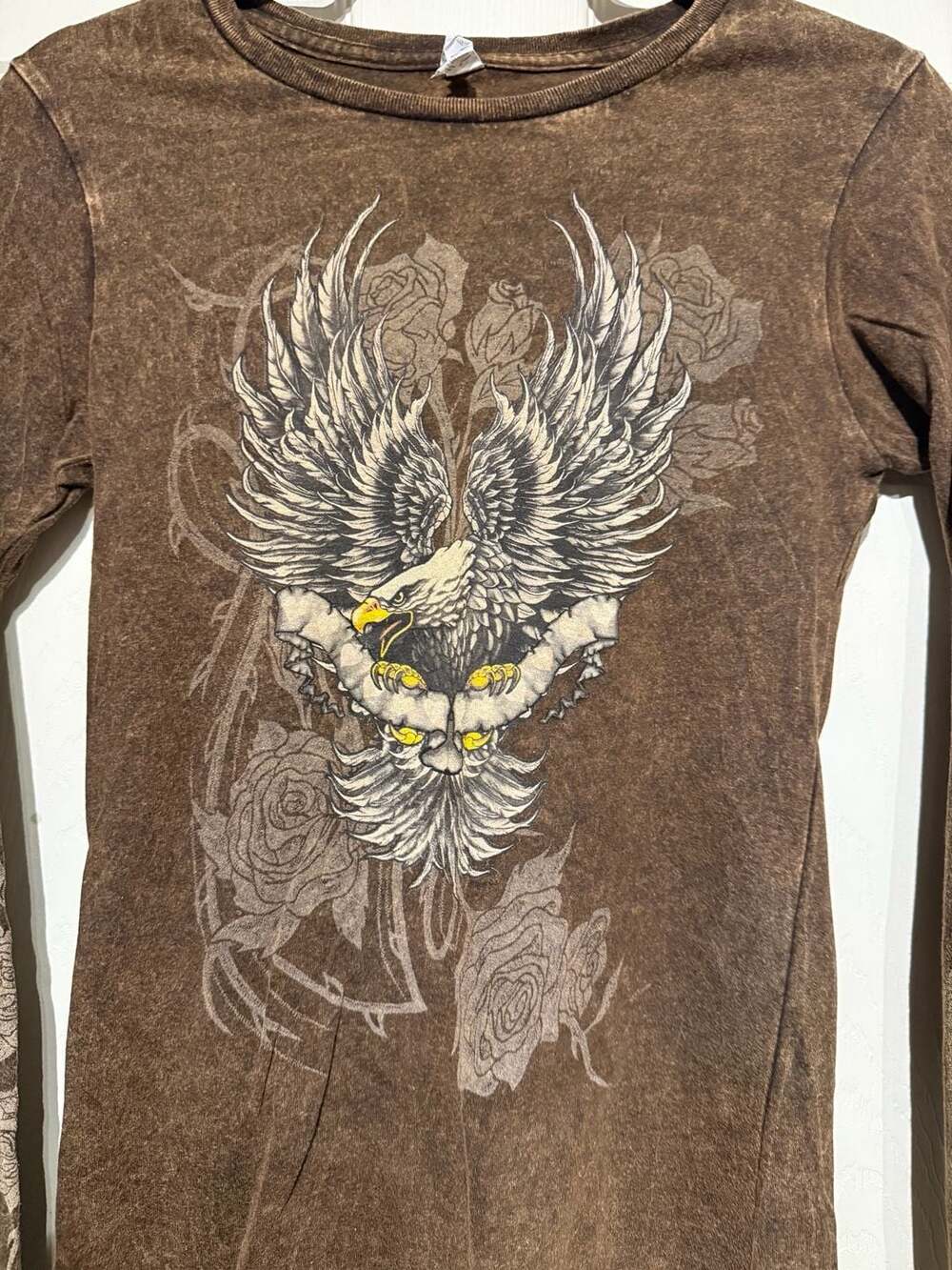 Vintage Eagle Graphic Long Sleeve T-Shirt Brown Y2K Washed